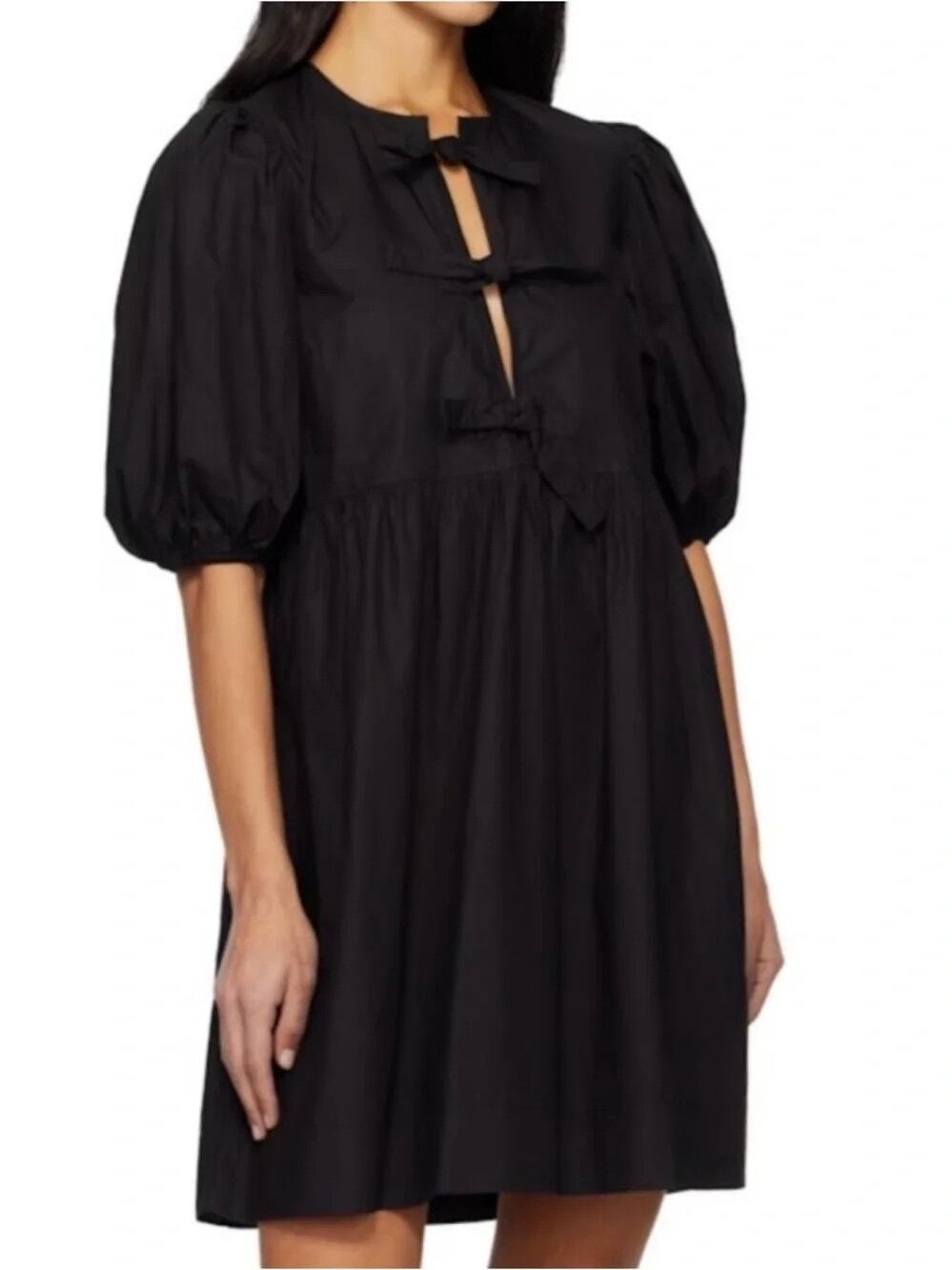 dRA Los Angeles Black Cotton Poplin Front Bow Puff Sleeve Babydoll Dress SZ XS